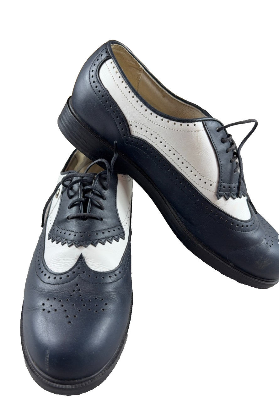 Vintage E-Z Step Golf Shoes 8.5 N Black White Leather Wingtip Made USA Brogue